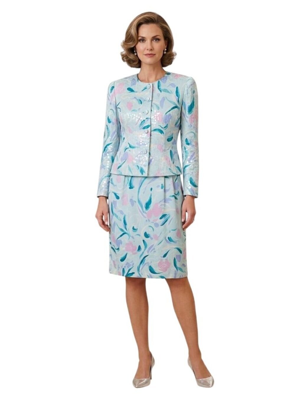 Anne Crimmins For Umi Corrections Vintage Silk Sequined Skirt Suit Size 10p